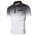 Men's short sleeve polo shirt with black and white gradient halftone design and pocket detail. - White