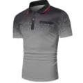 Men's short sleeve polo shirt detail showing gradient dot pattern and contrast collar design. - Gray
