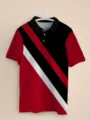 Men's short sleeve polo shirt, casual retro style with diagonal stripe print and button collar. - PLD-18