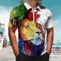 Mens short sleeve polo shirt featuring a vibrant 3d colorful lion graphic print design. - PLD-19