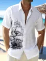 Close-up of the stylish sailboat print and breathable fabric texture on a casual resort shirt. - S / Vintage Sailing Boat Sketch Style (OFSSW-23671456)