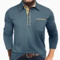 Men's long sleeve contrast color polo shirt casual lapel button regular fit daily t-shirt - S / Tops / Navy Blue Patchwork