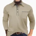 Men's Casual Long Sleeve Polo Shirt with Contrast Collar Pocket Khaki Daily Wear Top - Khaki and Gray Patchwork