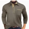 Men's long sleeve contrast polo shirt with chest pocket and buttons detail close up view - S / Tops / Gray Patchwork