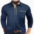 Men's long sleeve contrast polo shirt with buttons and chest pocket for casual daily wear. - S / Tops / Deep Blue and Khaki Patchwork