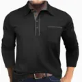 Men's long sleeve polo shirt with contrast collar pocket casual daily wear stylish top. - S / Tops / Black and Gray Patchwork