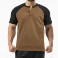 Men's Colorblock Short Sleeve Henley Shirt Casual Athletic Summer Tops in Brown - Brown And Black