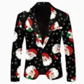 Christmas print men suit jacket detail view showing festive Santa pattern and black lapel. - Santa Snowflake Style (XFWT-AL3-45)