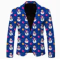 Close-up detail of the festive blue Christmas snowman print casual men's suit jacket. - Snowman Festive Style (XFWT-AL3-46)
