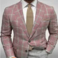 Men's pink plaid suit two-piece slim fit wedding blazer and trousers set casual formal wear - S / Top And Bottom / Pink Plaid (XFWT-AL3-65)