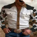 Men's Western Cowboy Long Sleeve Shirt Retro Lapel Cow Print Casual Top for Fashion Daily - Top (XT02-AL3-CXCS-68)