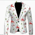 Christmas print men's casual blazer detail showing red reindeer and green tree pattern. - White Deer Green Tree Style (XFWT-AL3-52)