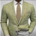 Men's green plaid slim fit blazer stylish two-button casual business suit jacket for wedding - S / Top And Bottom / Green-Yellow Plaid (XFWT-AL3-67)