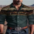Detailed view of the western style vintage print long sleeve men shirt chest pocket. - Top (XT02-AL3-CXCS-69)