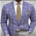 Detail shot of men's blue plaid suit blazer jacket paired with crisp white shirt and stylish tie. - S / Top And Bottom / Purple-Blue Plaid (XFWT-AL3-68)