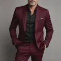 Close-up details of the burgundy suit jacket and black shirt combination, sharp tailoring. - S / Top And Bottom / Burgundy