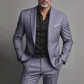 Detail view of men's two-piece grey suit with black shirt, premium tailoring and fit. - S / Top And Bottom / Gray