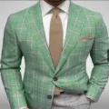 Green plaid suit jacket detail, close-up view of men's casual slim blazer fabric texture. - Green Plaid (XFWT-AL3-71)