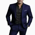 Men's navy blue suit set two piece formal blazer jacket and matching trousers detail view. - S / Top And Bottom / Dark Blue