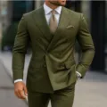 Men's olive green double breasted suit set, professional two piece business blazer outfit. - S / Top And Bottom / Olive Green