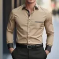 Men's stylish khaki long sleeve slim fit shirt featuring contrast black collar and cuffs. - S / Tops / Khaki and Black