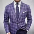 Detailed view of stylish men's purple plaid suit jacket with white shirt and polka-dot tie. - Purple Plaid (XFWT-AL3-72)