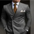 Men's double breasted grey suit set business formal attire classic stylish blazer suit jacket - S / Top And Bottom / Gray