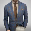 Men blue plaid blazer detail showing tailored fit, lapel collar and premium fabric texture. - Blue-White Plaid (XFWT-AL3-73)