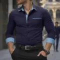 Men's contrast long sleeve dress shirt detail view, stylish slim fit shirt with blue accents. - S / Tops / Dark Blue Mixed Light Blue