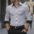 Ανδρικό μοντέρνο πουκάμισο slim fit μακρυμάνικο λευκό με μαύρο πέτο και κουμπιά. - S / Tops / Λευκό με Μαύρο