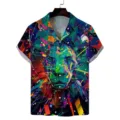 Men short sleeve Cuban collar shirt with vibrant geometric lion print casual summer top - S / Tops / Geometric Lion Style (ZZCS-104)
