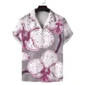 Detailed view of the purple and white floral print short sleeve Cuban collar men shirt. - S / Tops / Purple and White Abstract Floral Style (ZZCS-106)