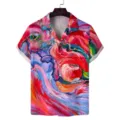 Men's short sleeve Cuban collar shirt with abstract oil painting print casual summer top - S / Tops / Abstract Pink Blue Oil Painting Style (ZZCS-107)