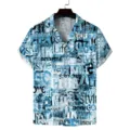 Men's casual short sleeve shirt detail, blue typography print design, stylish summer top. - S / Tops / English Newspaper Letter Style (ZZCS-109)