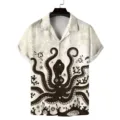 Detailed view of the vintage octopus print men short sleeve Cuban collar casual shirt. - S / Tops / Off-White Vintage Marine Style (ZZCS-110)