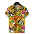Men's short sleeve Cuban collar shirt with vibrant folk bird print yellow summer top - S / Tops / Bright Yellow Ethnic Rooster Style (ZZCS-117)