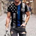 Close-up detail of men short sleeve T-shirt with vintage US flag print for casual wear style. - XS / Star Flag and Blue Line Style (DLT-103)