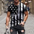 Detailed view of men's black and white American flag print short sleeve t-shirt outdoors. - XS / B&W Star Flag Print Style (DLT-104)