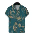 Men's short sleeve Cuban collar shirt, dark teal with vintage gold bird and leaf print. - S / Tops / Vintage Gold Bird and Leaf Style (ZZCS-115)