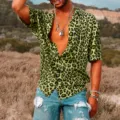 Men's retro green leopard print short sleeve Hawaiian shirt vintage casual beach top. - Green (CSDX-42-5)
