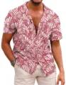 Men's summer casual short sleeve shirt with Cuban collar and red tropical leaf print design. - S / Tops / Red and White Leaf Print (SW-DXCS-20)