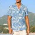 Men's casual tropical leaf print short sleeve shirt with Cuban collar for summer beach wear. - S / Tops / Blue and White Leaf Print (SW-DXCS-42)