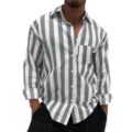 Men's casual grey and white vertical striped long sleeve button-down shirt with chest pocket. - S / Tops / Gray