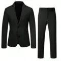 Men black suit detail view, classic two-piece formal blazer and trousers for business wear. - S / Top And Bottom / Black