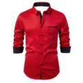 Red men's long sleeve dress shirt with black contrast collar and cuffs, slim fit casual top. - S / Tops / Red And Black (C5STE-60)