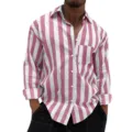 Men's pink and white vertical striped long sleeve button up casual shirt for daily wear. - Pink