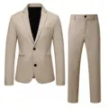 Men khaki business formal suit two piece set, classic blazer and trousers for wedding party. - S / Top And Bottom / Khaki