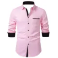 Men's long sleeve slim fit dress shirt with contrast color collar and cuffs for casual business. - S / Tops / Pink And Black (C5STE-61)