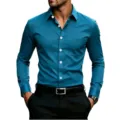 Men's long sleeve casual solid color dress shirt with chest pocket in vibrant teal color. - Lake Blue