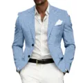 Men's light blue casual business slim fit two-button suit jacket with white shirt and trousers - Blue
